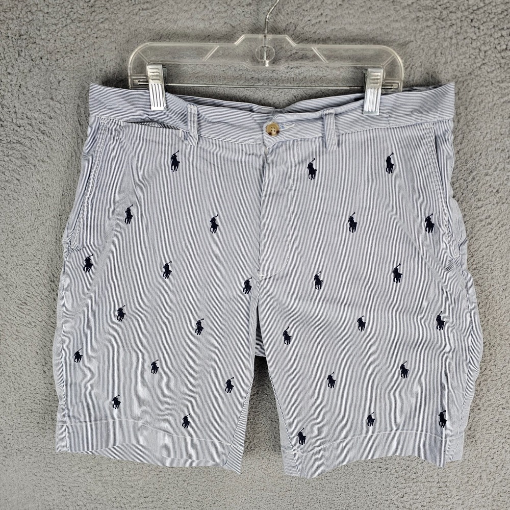 Polo Ralph Lauren Shorts Mens 32 Blue Pony Print Pinstripe Classic Fit 9" Chino